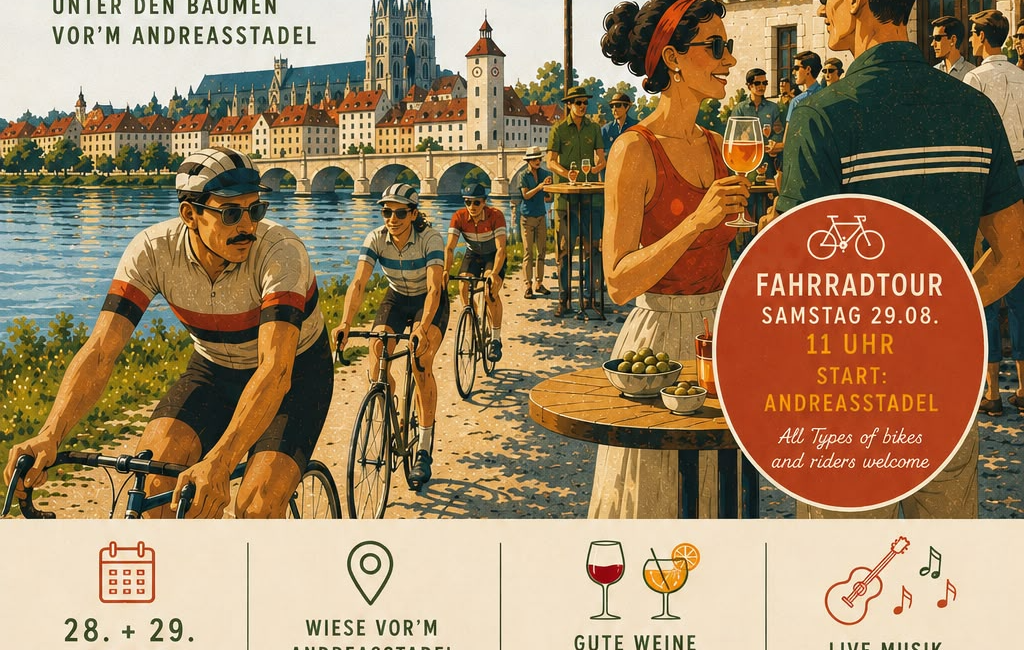 Radfahrer und Aperitivo am Donauufer